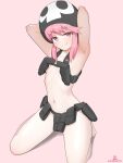  1girl :3 absurdres armpits arms_behind_head artist_name barefoot belt belt_pouch black_belt black_hat blush breasts closed_mouth feet gun handgun hat heart heart_in_eye highres holster holstered jakuzure_nonon kill_la_kill looking_at_viewer navel nudist_beach_uniform pink_background pink_eyes pink_hair pouch seiza short_hair shoulder_holster sidelocks simple_background sitting skull_print small_breasts smile solo split_mouth stomach symbol_in_eye toes weapon zambonito 