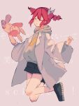  black_footwear black_shorts bow closed_eyes closed_mouth coat drill_hair flat_chest full_body grey_background grey_sweater hair_bow highres holding holding_stuffed_toy hood hooded_sweater jumping kasane_teto kasane_teto_(sv) long_sleeves mumesan2 red_hair saiensu_(synthesizer_v) shoes shorts simple_background sleeves_past_elbows stuffed_animal stuffed_toy sweater synthesizer_v twin_drills utau white_bow white_coat 
