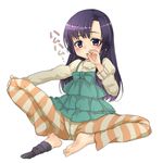  barefoot blush face feet finger_to_mouth kuhouin_murasaki kure-nai long_hair mune purple_eyes purple_hair single_sock sock_dangle sock_pull socks solo spread_legs striped thumb_sucking 