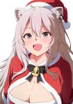  1girl absurdres ahoge alternate_costume animal_ear_fluff animal_ears blush breasts capelet cleavage commentary dress fang fur-trimmed_capelet fur_trim grey_eyes grey_hair hat highres hololive kishishi_(kishiman-ya) large_breasts lion_ears lion_girl long_hair looking_at_viewer open_mouth red_capelet red_dress red_hat santa_costume santa_dress shishiro_botan skin_fang smile solo very_long_hair virtual_youtuber white_background 