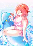  1girl :d absurdres bare_arms bare_shoulders bikini bow bow_bikini breasts cup diagonal-striped_bikini diagonal-striped_clothes disposable_cup drinking_straw feet_out_of_frame from_above gabriel_dropout hair_bow highres holding holding_cup inflatable_dolphin inflatable_toy long_hair looking_at_viewer medium_breasts open_mouth pink_bikini red_bow red_eyes red_hair satanichia_kurumizawa_mcdowell side-tie_bikini_bottom side_ponytail sitting smile soaking_feet solo stomach striped_clothes swimsuit water yangwu_uriel 