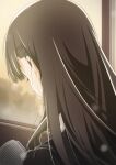  1girl absurdres amagami ayatsuji_tsukasa black_hair black_jacket black_sailor_collar blazer book close-up ear_focus from_behind hair_behind_ear highres jacket kibito_high_school_uniform long_hair reading sailor_collar school_uniform solo straight_hair window wtbn_zw_u 