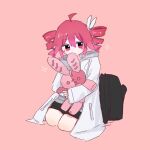  1girl 30_ouo_61 ahoge alternate_costume backpack bag black_bag black_shorts blush bow closed_mouth coat drill_hair grey_sweater hair_bow highres hood hooded_sweater kasane_teto kasane_teto_(sv) looking_at_viewer pink_background red_eyes red_hair saiensu_(synthesizer_v) shorts simple_background solo stuffed_animal stuffed_toy sweater synthesizer_v twintails utau white_bow white_coat 