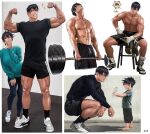  1girl 2boys abs absurdres adidas aged_down aqua_sweater artist_name barefoot black_shirt black_socks bottle boxing_gloves cellphone child commentary exercising facing_another father_and_son flexing fushiguro_megumi fushiguro_touji gloves grin hands_on_own_face highres holding holding_gloves holding_phone holding_unworn_clothes husband_and_wife jtv jujutsu_kaisen long_sleeves looking_at_another megumi's_mother_(jujutsu_kaisen) mother_and_son multiple_boys multiple_views muscular muscular_male nike_(company) on_stool pectorals phone profile scar scar_on_face scar_on_mouth shirt shoes short_sleeves shorts sitting smile sneakers socks spoken_character squatting stool sweater symbol-only_commentary veins veiny_arms water_bottle weightlifting 
