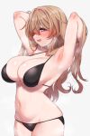  1girl absurdres armpits arms_up bikini black_bikini blush brown_hair groin halterneck highres konoe_kanata long_hair looking_at_viewer love_live! love_live!_nijigasaki_high_school_idol_club nasuno_(nasuno42) presenting_armpit profile simple_background solo steaming_body stomach sweat swimsuit thighhighs very_long_hair white_background 