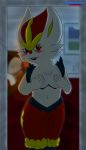  2020 5_fingers anthro bedroom_eyes blush cinderace covering covering_breasts covering_self female fingers hi_res lagomorph looking_at_viewer mammal narrowed_eyes navel nintendo open_mouth pok&eacute;mon pok&eacute;mon_(species) seductive shinesparked smile solo video_games white_body 