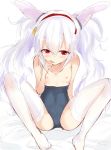  1girl animal_ears azur_lane bangs bare_shoulders bed_sheet blue_swimsuit blush breasts bunny_ears collarbone commentary_request covered_mouth eyebrows_visible_through_hair fake_animal_ears hair_between_eyes hair_ornament hairband hand_up haru_(nature_life) highres knees_up laffey_(azur_lane) long_hair nipples no_shoes one-piece_swimsuit red_eyes red_hairband sitting small_breasts solo spread_legs swimsuit swimsuit_pull thighhighs twintails very_long_hair white_hair white_legwear 