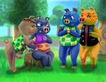  absurd_res animal_crossing anthro asderzx balls big_penis black_body blue_body boris_(animal_crossing) bottomless brown_body brown_hair casual_exposure circumcised clothed clothing digital_media_(artwork) domestic_pig erection exposed foreskin genitals group hair hi_res hugh_(animal_crossing) humanoid_genitalia humanoid_penis kevin_(animal_crossing) long_penis looking_at_another male mammal nintendo open_mouth orange_body outside penis penis_size_difference saggy_balls smile snout spork_(animal_crossing) suid suina sus_(pig) topwear uncut video_games 