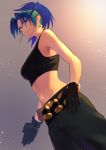  1girl absurdres bangs bare_shoulders black_tank_top blue_eyes blue_hair breasts cleavage gas_can highres jewelry kurai_munio leona_heidern long_hair midriff military navel ponytail snk soldier solo tank_top the_king_of_fighters 