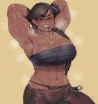  1girl abs armpits arms_behind_head arms_up breasts cleavage collarbone commentary dark_skin english_commentary facial_scar for_honor genderswap genderswap_(mtf) gloves hair_over_shoulder highleg highleg_panties highres krekk0v large_breasts long_braid muscle muscular_female nose_scar panties raider_(for_honor) sarashi scar shirtless single_glove solo sweat thick_eyebrows underwear 