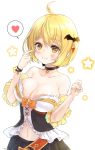  1girl aye bat_hair_ornament blonde_hair blush breasts cleavage collarbone hair_ornament heart highres hololive large_breasts looking_at_viewer navel pointing pointing_at_self short_hair smile solo spoken_heart white_background yellow_eyes yozora_mel 