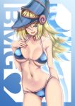  1girl ;d arm_behind_back ass_visible_through_thighs bangs bare_shoulders bikini blonde_hair blue_bikini blush_stickers breasts breasts_apart character_name choker cleavage collarbone colored_shadow commentary_request covered_nipples cowboy_shot dark_magician_girl drop_shadow duel_monster eyebrows_behind_hair green_eyes groin hair_between_eyes hand_on_own_chest hat heart highres large_breasts long_hair looking_at_viewer midriff navel one_eye_closed open_mouth red_nails shadow sidelocks signature skindentation smile solo standing swimsuit takecha underboob upper_teeth white_background wizard_hat yuu-gi-ou 