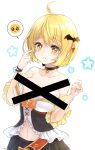  1girl aye bar_censor bat_hair_ornament blonde_hair blush breasts censored cleavage collarbone hair_ornament heart highres hololive large_breasts looking_at_viewer navel pointing pointing_at_self short_hair smile solo spoken_heart tears unhappy white_background yellow_eyes yozora_mel 