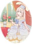 absurdres bangs blue_eyes closed_mouth curtains dress eyebrows eyebrows_visible_through_hair fate/grand_order fate_(series) flower hat highres holding holding_flower jewelry long_hair looking_at_viewer marie_antoinette_(fate/grand_order) necklace rose silver_hair smile standing twintails very_long_hair window 