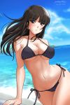  1girl beach bikini black_eyes black_hair black_swimsuit blue_sky breasts cloud commentary_request dated day girls_und_panzer highres horizon island large_breasts long_hair looking_at_viewer matsui_yasutsugu mature nishizumi_shiho ocean outdoors side-tie_bikini sky solo swimsuit twitter_username 