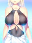  1girl a.x. absurdres bare_arms bare_shoulders black_swimsuit breasts casual_one-piece_swimsuit cleavage cleavage_cutout collarbone covered_nipples cowboy_shot head_out_of_frame highres large_breasts long_hair one-piece_swimsuit original parted_lips silver_hair smile solo swimsuit tan tanline towel_around_waist water 