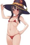  1girl bikini black_hair black_headwear collarbone commentary_request cowboy_shot groin hat hormone_koijirou kono_subarashii_sekai_ni_shukufuku_wo! looking_at_viewer megumin micro_bikini navel red_bikini red_eyes short_hair short_hair_with_long_locks simple_background solo swimsuit white_background witch_hat 