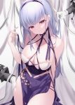  1girl azur_lane bangs bare_shoulders blush breasts cleavage collarbone dido_(anxious_bisque_doll)_(azur_lane) dido_(azur_lane) disembodied_limb dress hairband halter_dress halterneck highres large_breasts long_dress long_hair looking_at_viewer maosame pelvic_curtain purple_dress purple_eyes purple_hairband purple_headband silver_hair 