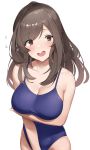  1girl absurdres arm_under_breasts bangs bare_shoulders blue_swimsuit blush breasts brown_eyes brown_hair cleavage collarbone highres idolmaster idolmaster_shiny_colors large_breasts long_hair looking_at_viewer nnoelllll one-piece_swimsuit open_mouth simple_background swept_bangs swimsuit tsukioka_kogane 
