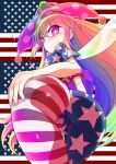  1girl american_flag american_flag_dress american_flag_legwear ass blonde_hair blush breasts bright_pupils closed_mouth clownpiece fairy_wings from_behind hat highres jester_cap long_hair looking_at_viewer pantyhose pink_eyes polka_dot purple_headwear short_sleeves small_breasts smile solo star_(symbol) star_print striped touhou very_long_hair wings yassy 
