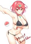  1girl armpits arms_under_breasts bangs bikini black_bikini breasts chest_jewel cleavage cowboy_shot daive earrings eyebrows_visible_through_hair french_text gem highres homura_(xenoblade_2) jewelry large_breasts looking_at_viewer poke_ball poke_ball_(generic) red_eyes red_hair short_hair side-tie_bikini simple_background smile solo swept_bangs swimsuit tiara white_background xenoblade_(series) xenoblade_2 