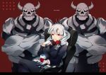  1girl alcohol armchair bangs black_tail blush breasts business_suit chair crown cup demon_girl demon_horns demon_tail drinking_glass formal fromchawen gloves helltaker horns large_breasts long_hair looking_at_viewer lucifer_(helltaker) mole mole_under_eye necktie neckwear red_background red_eyes red_shirt shirt sitting skeleton_(helltaker) smile suit tail white_gloves white_hair white_horns wine wine_glass 