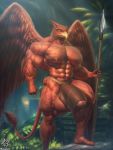  2020 3:4 5_fingers abs anthro avian balls beak biceps big_balls big_muscles black_claws claws clothed clothing detailed_background digital_media_(artwork) feathered_wings feathers fingers full-length_portrait genitals gryphon hi_res holding_object holding_weapon huge_muscles jugg4 jungle loincloth looking_at_viewer male melee_weapon muscular muscular_anthro muscular_male mythological_avian mythology nipples obliques orange_eyes pecs penis polearm portrait quads red_balls red_body red_feathers red_nipples red_penis red_tail red_wings serratus solo spear standing step_pose tail_tuft toe_claws toes tribal tuft weapon wings yellow_beak 