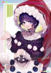  1girl :3 alternate_size blue_eyes blush buttons choker commentary_request cowboy_shot doremy_sweet fur-trimmed_headwear hat ishikawa_sparerib large_hat long_sleeves looking_at_viewer nightcap open_mouth outstretched_hand oversized_clothes pom_pom_(clothes) popped_collar purple_hair red_headwear short_hair smile solo touhou two-tone_dress wavy_mouth 