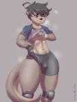  anthro black_eyebrows black_nose breath bulge clothed clothing collarbone eyebrows fingerless_gloves girly gloves hair handwear hi_res knee_pads lutrine male mammal mr-shin mustelid navel river_otter shin_(mr-shin) shirt single_glove solo thick_thighs topwear wide_hips 