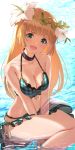  absurdres aiu_eo anne_(shingeki_no_bahamut) between_legs bikini blonde_hair breasts frilled_bikini frills granblue_fantasy green_eyes hand_between_legs highres long_hair open_mouth shingeki_no_bahamut smile swimsuit water wreath 