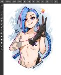  1girl aurahack bandaid bandaids_on_nipples black_gloves blue_hair braid commentary english_commentary flat_chest glove_pull gloves heart jinx_(league_of_legends) league_of_legends licking_lips long_braid looking_at_viewer naughty_face navel nude pasties purple_eyes solo spoken_heart tattoo tongue tongue_out twin_braids v 