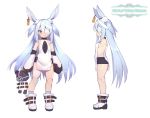  1girl animal_ears bandage_over_one_eye bandaged_leg bandages bike_shorts black_shorts blue_eyes blue_hair blush boots breasts bunny_ears character_sheet copyright_name doll_joints ear_tag elbow_gloves full_body gloves highres joints legs linmiu_(smilemiku) little_witch_nobeta long_hair monica_(little_witch_nobeta) official_art open_mouth short_shorts shorts sideboob simple_background small_breasts socks solo striped_footwear stuffed_animal stuffed_toy tabard teddy_bear thighs two_side_up very_long_hair white_background white_footwear white_gloves white_tabard 