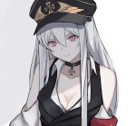  1girl a_iri_a black_choker black_vest breasts choker cleavage collarbone cross girls_frontline hat highres kar98k_(girls_frontline) long_hair looking_at_viewer medium_breasts military_hat peaked_cap red_eyes shoulder_cutout silver_hair simple_background smile solo upper_body vest white_background wing_collar 