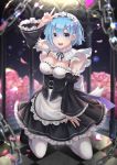  1girl absurdres bangs black_footwear black_ribbon blue_eyes blue_hair blurry blurry_background blurry_foreground blush breasts chain cleavage commentary_request deco_(fj_eel) detached_sleeves dress falling_petals flower frills hair_ornament hair_over_one_eye hair_ribbon highres looking_at_viewer maid maid_headdress medium_breasts neck_ribbon open_mouth petals pink_flower pink_ribbon re:zero_kara_hajimeru_isekai_seikatsu rem_(re:zero) ribbon shoes short_hair smile solo thighhighs tiles v white_legwear x_hair_ornament 