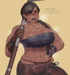  1girl abs bangs bare_shoulders braid breasts cleavage collarbone commentary dark_skin english_commentary english_text facial_scar for_honor genderswap genderswap_(mtf) gloves hair_over_shoulder hand_on_hip highleg highleg_panties highres huge_weapon krekk0v large_breasts lips long_braid looking_at_viewer muscle muscular_female navel nose_scar panties parted_bangs raider_(for_honor) sarashi scar shirtless single_braid single_glove solo speech_bubble sweat thick_eyebrows underwear war_hammer weapon 