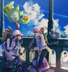  2girls artist_name baseball_cap bicycle black_legwear blue_sky bottle breasts bridge brown_hair closed_eyes cloud commentary day double_bun gen_5_pokemon ground_vehicle hair_bun hat highres leaning_forward long_hair looking_at_another medium_breasts medium_hair mei_(pokemon) minccino miniskirt mu_acrt multiple_girls open_mouth outdoors pantyhose pokemon pokemon_(creature) pokemon_(game) pokemon_bw pokemon_bw2 ponytail reuniclus riding_bicycle skirt sky small_breasts sunlight sweat tank_top touko_(pokemon) twintails vest visor_cap water_bottle wavy_mouth yellow_skirt 