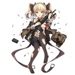  1girl bag bangs bare_shoulders battle_rifle belt bikini bikini_top black_legwear black_ribbon black_shorts blazer blonde_hair blue_eyes blush bow bow_panties breasts brown_jacket buckle bullet closed_mouth clothes_writing collarbone copyright_name detached_collar floating frown full_body girls_frontline gun hair_ornament hair_ribbon headset holding holding_gun holding_weapon jacket jianren knee_up larue_tactical_obr logo long_hair long_sleeves magazine_(weapon) medium_breasts midriff navel necktie no_shoes obr_(girls_frontline) off_shoulder official_art open_blazer open_clothes open_fly open_jacket panties panties_under_pantyhose pantyhose red_neckwear ribbon rifle scope shiny shiny_skin short_shorts shorts shoulder_bag sidelocks solo stomach swimsuit torn_bikini torn_clothes torn_jacket torn_legwear transparent_background twintails underwear weapon white_bikini wide_sleeves 