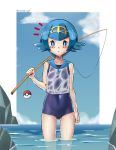  1girl :o absurdres artist_name ass_visible_through_thighs blue_eyes blue_hair blue_sailor_collar blush cloud commentary day fishing_rod gold_hairband hairband highres holding holding_fishing_rod looking_at_viewer mr.thunderigor no_sclera one-piece_swimsuit open_mouth outdoors poke_ball poke_ball_(generic) pokemon pokemon_(game) pokemon_sm rock sailor_collar school_swimsuit see-through shirt short_hair sky sleeveless solo standing suiren_(pokemon) swimsuit swimsuit_under_clothes trial_captain wading water wet wet_clothes 
