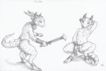  2019 anklet anthro bracelet breasts claws clothed clothing clothing_aside crestfallenartist crouching digitigrade ear_piercing ear_ring female fighting_pose flashing genitals greyscale holding_object holding_weapon horn horn_ring jewelry kobold loincloth loincloth_aside looking_at_viewer melee_weapon monochrome navel nipples non-mammal_breasts piercing pose presenting presenting_pussy pussy scales scalie signature simple_background small_breasts solo spiked_tail spikes spread_legs spreading standing sword toe_claws tongue tongue_out topless traditional_media_(artwork) weapon white_background 