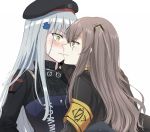  2girls armband beret blush commentary_request girls_frontline hat hk416_(girls_frontline) imminent_kiss long_hair multiple_girls scar scar_across_eye signature simple_background sui_(camellia) sweatdrop twintails ump45_(girls_frontline) white_background yuri 