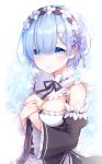  1girl absurdres bangs bare_shoulders black_ribbon blue_eyes blue_hair blush breasts cleavage commentary_request crying detached_sleeves dress frills hair_ornament hair_over_one_eye hair_ribbon highres looking_at_viewer maid maid_headdress medium_breasts neck_ribbon omoomomo pink_ribbon re:zero_kara_hajimeru_isekai_seikatsu rem_(re:zero) ribbon short_hair smile solo tears x_hair_ornament 