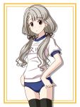  1girl asymmetrical_bangs bangs black_ribbon blue_buruma border braid brown_eyes buruma character_name closed_mouth commentary cowboy_shot eternity_larva grey_hair gym_shirt gym_uniform hair_over_shoulder hair_ribbon hisakawa_nagi idolmaster idolmaster_cinderella_girls idolmaster_cinderella_girls_starlight_stage lielos long_hair looking_at_viewer low_twintails name_tag outside_border panties panties_under_buruma panty_peek ribbon shadow shirt short_sleeves skindentation solo standing thigh_gap thighhighs twintails underwear white_background white_shirt yellow_border 