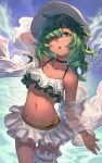  1girl :o arm_up armpits bare_shoulders bikini choker cloud collarbone cowboy_shot day frilled_bikini frills granblue_fantasy green_choker green_eyes green_hair groin hair_over_one_eye hat highres kolulu_(granblue_fantasy) konoike_(pepe_expect) leg_garter long_hair looking_at_viewer midriff miniskirt navel off_shoulder open_clothes open_mouth open_shirt outdoors see-through shirt skirt sky solo standing stomach string_bikini sun_hat swimsuit thighs water white_shirt white_skirt 