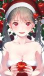  1girl bangs bare_shoulders breasts christmas cleavage collarbone earrings food fruit grey_hair hami_yura hat highres holding holding_food holding_fruit jewelry leaf looking_at_viewer nail_polish open_mouth original red_eyes santa_hat smile solo_focus twintails upper_body 