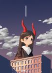  1girl absurdres blush brown_eyes brown_hair building closed_mouth cloud devil_lo giant giantess highres horns long_hair original outdoors signature 