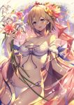  1girl argyle_cutout backlighting bangs bare_shoulders bikini blonde_hair blue_eyes blue_ribbon blush breasts cleavage collarbone europa_(granblue_fantasy) flower granblue_fantasy hair_flower hair_ornament highres homaderi looking_at_viewer medium_breasts navel open_mouth ribbon shawl short_hair smile sparkle swimsuit thighs tiara white_bikini 