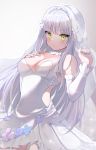  1girl bangs bare_shoulders blush breasts bridal_veil cleavage clming closed_mouth detached_sleeves dress eyebrows_visible_through_hair facial_mark girls_frontline green_eyes hair_ornament highres hk416_(girls_frontline) long_hair looking_at_viewer silver_hair solo veil wedding_dress white_dress 