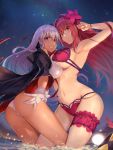  2girls ass bat_wings bb_(fate)_(all) bb_(swimsuit_mooncancer)_(fate) bikini black_coat bracelet breasts coat commentary_request fate/grand_order fate_(series) flower gloves grin hair_flower hair_ornament hair_ribbon hibiscus highres jewelry kakumayu large_breasts leg_garter leotard long_hair looking_at_viewer multiple_girls navel neck_ribbon night night_sky pink_bikini popped_collar purple_eyes purple_hair red_eyes red_ribbon ribbon scathach_(fate)_(all) scathach_(swimsuit_assassin)_(fate) sky smile swimsuit tan thighs vampire_costume very_long_hair white_gloves white_leotard wings 