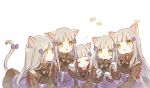  5girls :&lt; :d alithea_jane animal animal_ear_fluff animal_ears bangs black_skirt blush_stickers bow breasts bug butterfly cat_ears cat_girl cat_tail closed_eyes closed_mouth commentary_request facial_mark girls_frontline gloves green_eyes grey_hair hair_ornament highres hk416_(girls_frontline) insect jacket kemonomimi_mode long_hair long_sleeves multiple_girls multiple_persona open_mouth parted_lips paw_pose pleated_skirt purple_bow purple_jacket simple_background skirt sleeping small_breasts smile tail tail_bow very_long_hair white_background white_gloves 