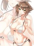 1girl alternate_costume bikini blush breasts brown_hair carmine_(ucdio) covered_nipples graphite_(medium) green_eyes highres kantai_collection large_breasts looking_at_viewer mechanical_pencil mutsu_(kantai_collection) navel o-ring o-ring_top pencil short_hair smile solo swimsuit thighs traditional_media white_bikini zoom_layer 